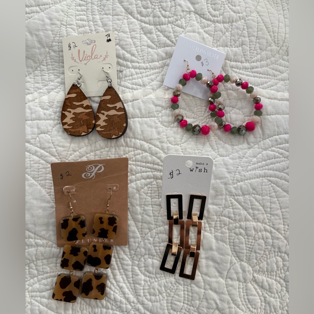 Set of 4 Earrings - Pink Beads, Camo, Leopard/Cow Print, and Gold Earrings